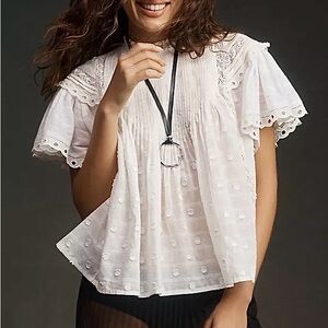 Anthropologie Forever That Girl Short-Sleeve Pintuck Broderie Cotton Blouse L